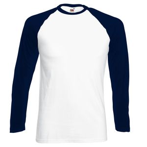 Fruit of the Loom SS028 - Baseball t-shirt met lange mouwen Wit/Diep marineblauw