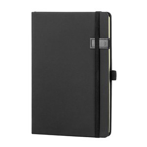 EgotierPro 38509 - A5 Notitieboek met PU Cover, Elastiek & USB 16GB STOCKER Zwart
