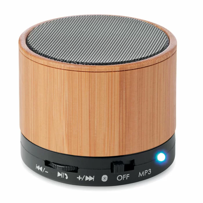 ROUND BAMBOO Draadloze speaker van bamboe - GiftRetail MO9608 zwart